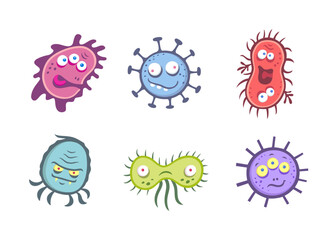 Set of cartoon bacteria. Funny microorganisms, vector illustration of viruses for children. Virus and microbe with faces. Cute germs and smiling pathogen monsters.