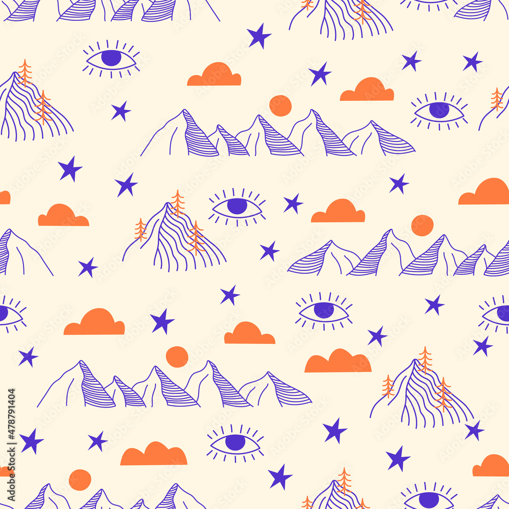 Poster psychedelic seamless pattern with outline mountains and eyes elements. vector background with doodle