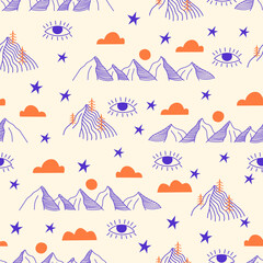 Psychedelic seamless pattern with outline mountains and eyes elements. Vector background with doodle hills and stars. Landscape silhouette illustration