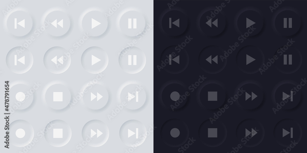 Poster soft media player buttons set in neumorphic design style. vector illustration.