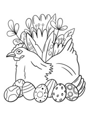 Naklejka premium Easter coloring page with hen and eggs. Easter simple illustration.
