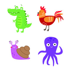 set of various animal illustrations. the animal drawing collection in funny cartoon style. kids friendly illustration for educational or design element decoration.
