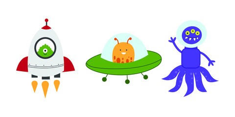 funny ufo illustrations. outer space objects illustrated in flat cartoon style. colored objects in vector for educational and outer space design elements.
