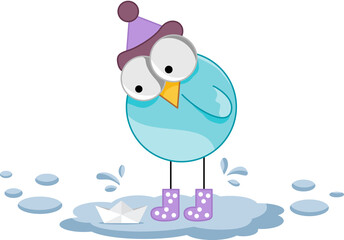 Cute winter bird playing with small paper boat in the watering hole