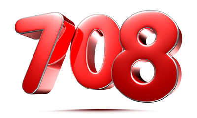 Rounded red numbers 708 on white background 3D illustration with clipping path