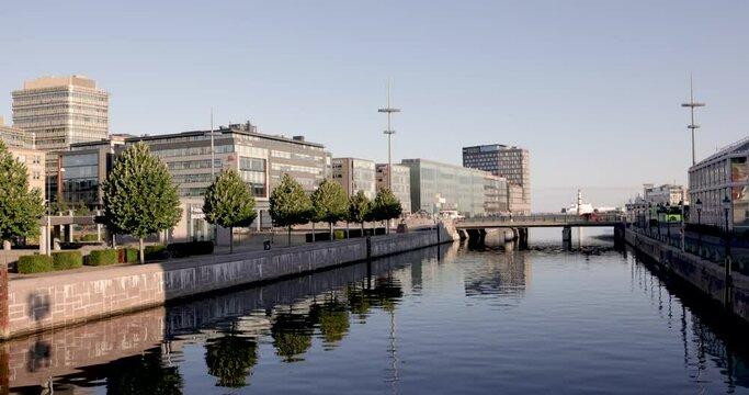 Bagers Plats, Malmoe, seen from Norra Vallgatan an early autumn morning. View over Bagers Bridge, Borshuset and the inner harbor with Universitetsholmen 09/02/2021