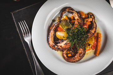 Delicious Food Contemporary Classic Dish Plate Menu Lunch Dinner Gourmet Dessert Chef Pasta Shrimp on a Dark Table