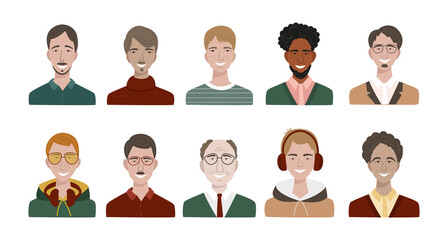 Bundle of different men avatars. Set of colourful user portraits. Male characters faces. Smiling men avatar collection. Vector illustration in flat cartoon style