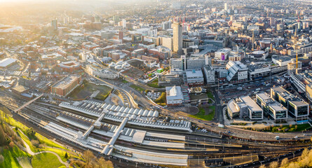 aerial view of Sheffield city centre and railway station 