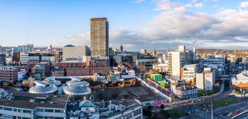 Aerial view of Sheffield city centre skyline at sunset
