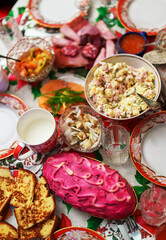 Traditional Russian New Year's table. Salads and cold cuts.