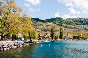 Cully, Seeufer, Boote, Hafen, Lavaux, Genfersee, Weinberge, Dorf, See, Wanderweg, Weinberg-Terrassen, Weinbauer, Frühling, Waadt, Alpen, Schweiz	