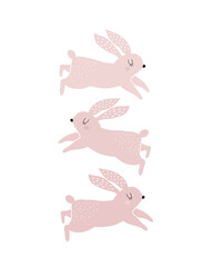 Cute Hand Drawn Vector Illustrations with Sweet Pink Bunnies. Lovely Nursery Print with 3 Funny Rabbits on a White Background ideal for Card, Poster, Wall Art. Lovely Easter Print.