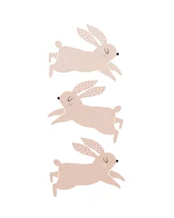 Fotobehang Illustraties Leuke handgetekende vectorillustraties met zoete bruine konijntjes. Mooie kwekerij print met 3 grappige konijnen op een witte achtergrond ideaal voor kaart, poster, kunst aan de muur. Mooie Pasen afdrukken.