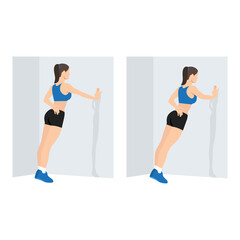 Fototapeta na wymiar Woman doing Single arm wall push up exercise. Flat vector illustration isolated on white background. workout character set