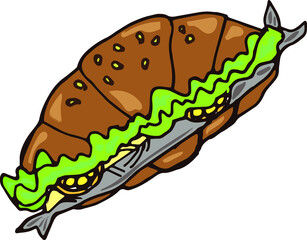 Vector hand drawn burgers and snacks objects, drawn fast food elements, sandwiches, street food, vector croissant, colored doodle, colored croissant