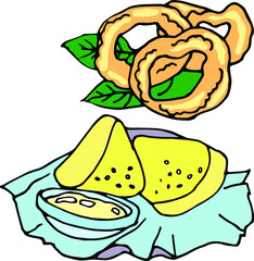 Vector hand drawn burgers and snacks objects, drawn fast food elements, street food, fried calamari, fried cheese, appetizers, colored doodles