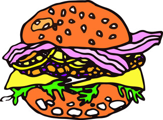 Vector hand drawn burgers and snacks objects, drawn fast food elements, sandwiches, street food, a sandwich with bacon and cheese, colored doodle, colored burger