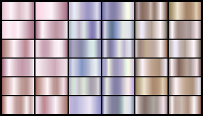 Set of pink, neon, and bronze texture backgrounds. Gold, copper, brass, and metal gradient vector template. Vector graphics of shining rainbow patterns. Collection of holograms with metallic gradients