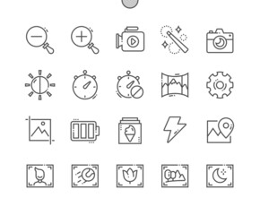 Camera interface. Zoom out. Brightness, retouch, geolocation, crop and panoramic. Portrait mode. Gallery. Pixel Perfect Vector Thin Line Icons. Simple Minimal Pictogram