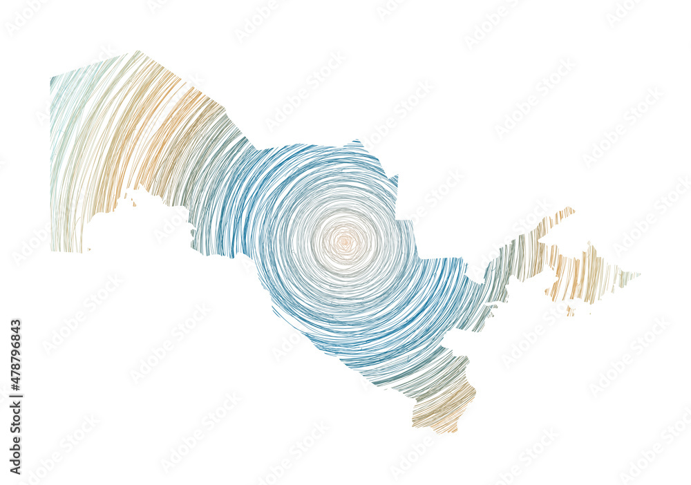 Poster uzbekistan map filled with concentric circles. sketch style circles in shape of the country. vector 