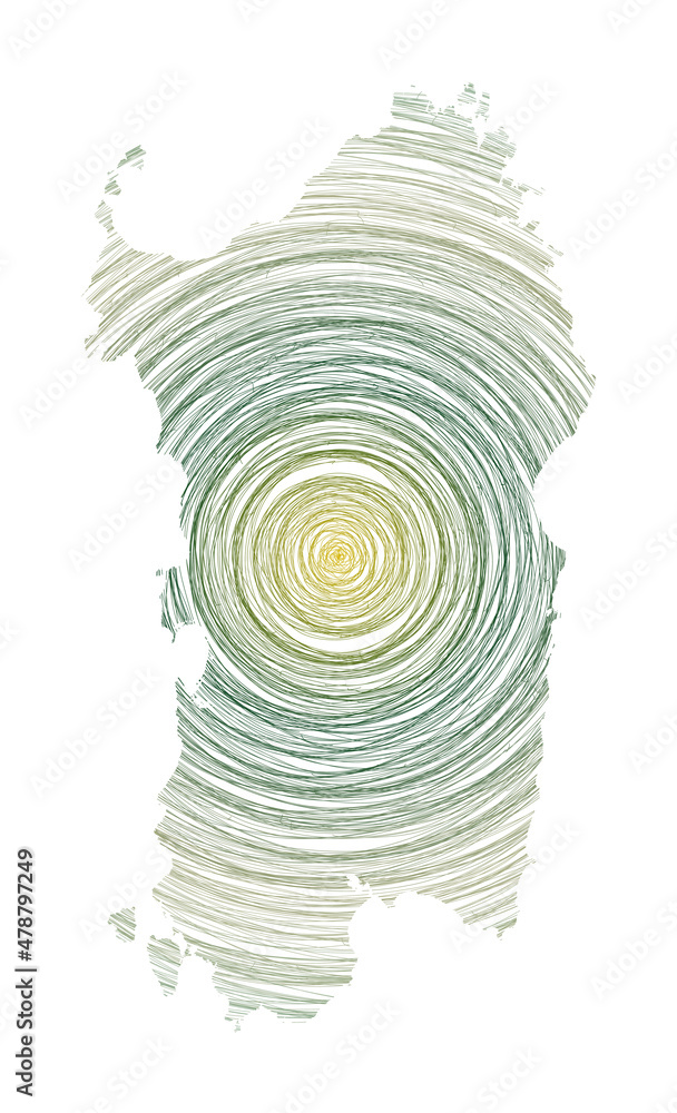 Poster sardinia map filled with concentric circles. sketch style circles in shape of the island. vector ill