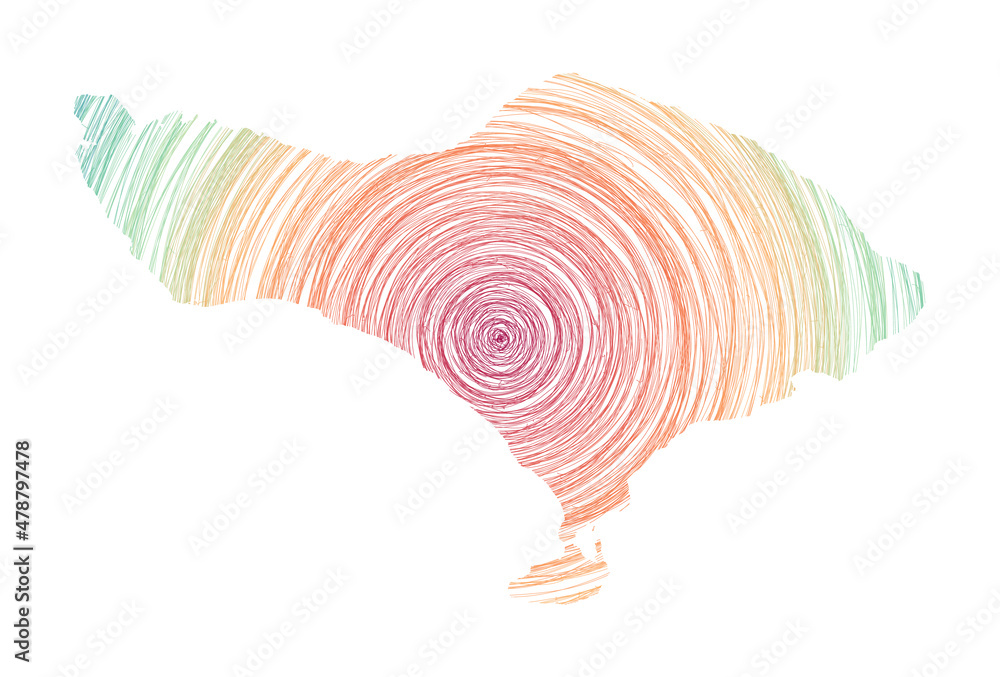 Poster bali map filled with concentric circles. sketch style circles in shape of the island. vector illustr