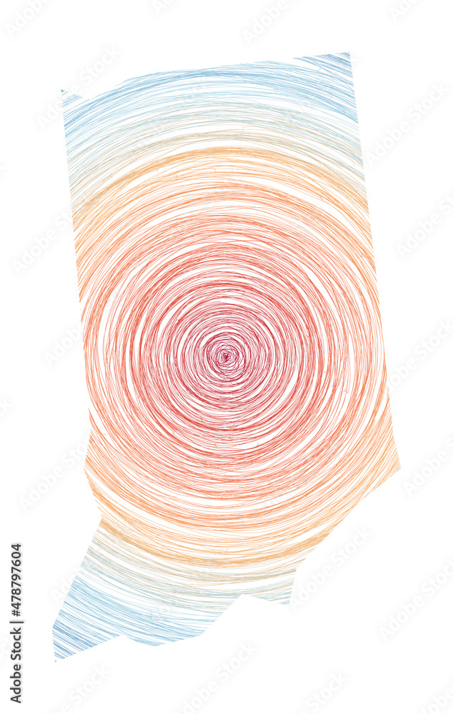 Poster indiana map filled with concentric circles. sketch-style circles in the shape of the us state. vecto