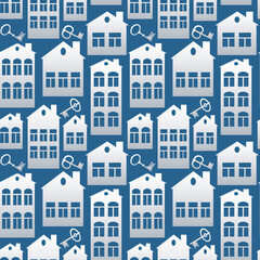 Seamless pattern on a square background on the theme of real estate (rent or sale) - houses and keys. Design element of books, notebooks, postcards, interior items. Wallpapers, textiles, packaging
