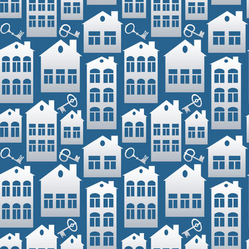 Seamless pattern on a square background on the theme of real estate (rent or sale) - houses and keys. Design element of books, notebooks, postcards, interior items. Wallpapers, textiles, packaging © Наталия Пономарева