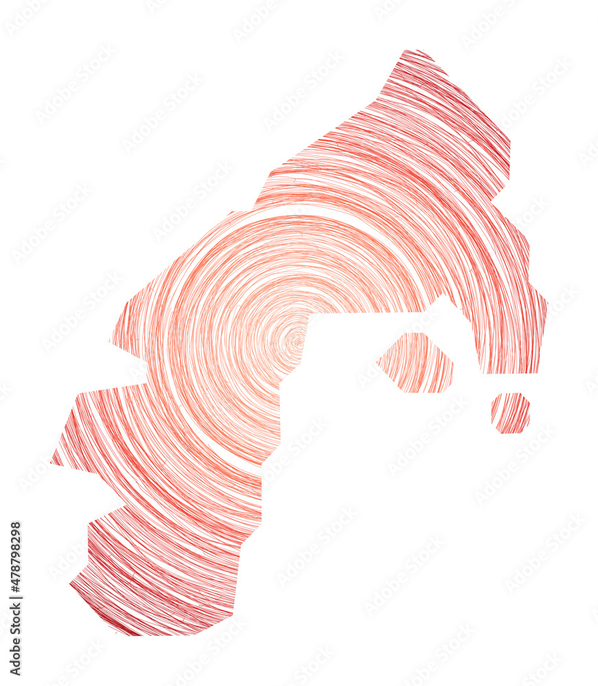 Poster water island map filled with concentric circles in a sketch style. circles in the shape of the islan