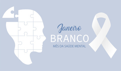 White January Mental Health awareness month in Portuguese language. White ribbon vector background.