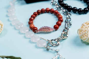 Bracelets made of natural stones on hand from natural stone Jasper. Handmade jewelry. Selective focus