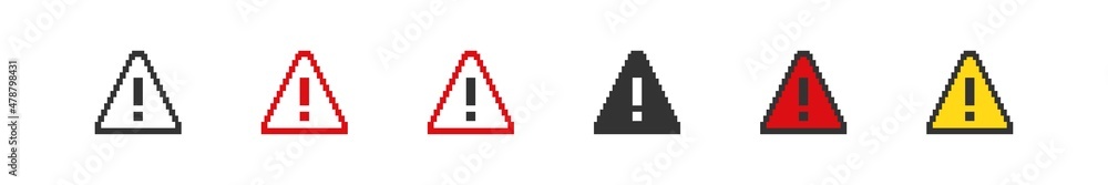 Poster danger sign attention pixel icons. 8 bit pixel button set. collection vector