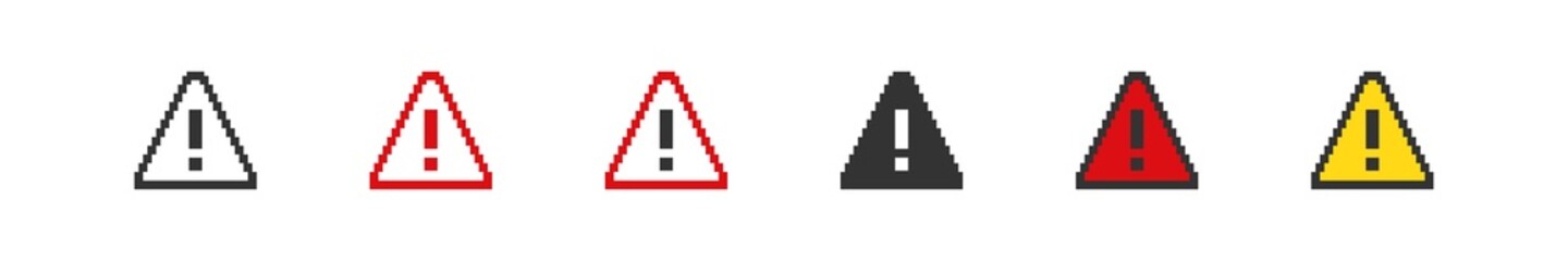 Danger sign attention pixel icons. 8 bit pixel button set. Collection vector - obrazy, fototapety, plakaty