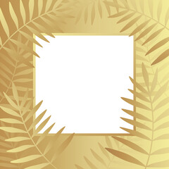 Modern gold tropical leaves abstract frame on gold gradient background.