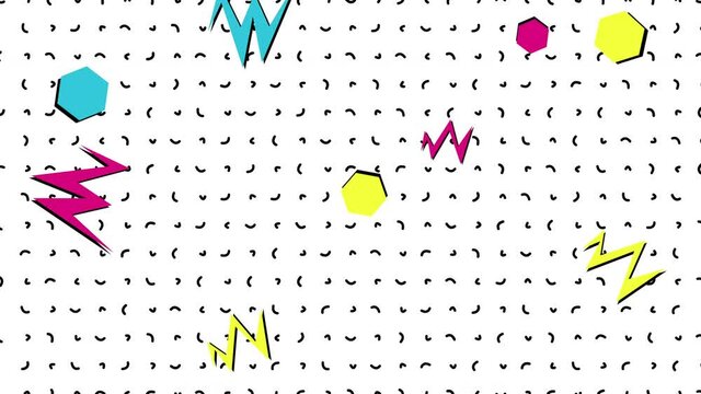 Memphis geometric colorful small hexagons and zigzag pattern, motion abstract business and corporate style background