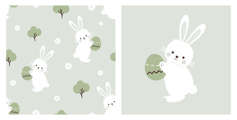 Seamless pattern with bunny rabbit cartoons, green trees and Easter eggs on green background vector. 