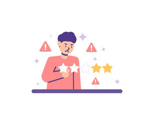 negative review concept, bad rating. user feedback. illustration of a man feeling dissatisfied and giving a bad star rating. flat cartoon style. vector design