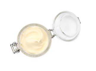 Jar of delicious mayonnaise isolated on white, top view