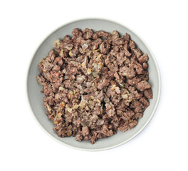 Bowl with fried minced meat isolated on white, top view