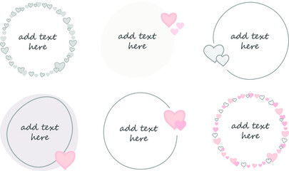 Vector set of six creative circle frame,  backgrounds with copy space for text. Valentines Day, love, pink, happy. Abstract. Design templates for social media