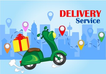 Fast delivery by scooter on mobile. E-commerce concept. Online food order infographic. Webpage, app design. Gray background. Perspective vector..
