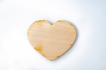 Top View Wooden Heart Sign Valentines Day isolated on white 14th february. Close-up Copy space