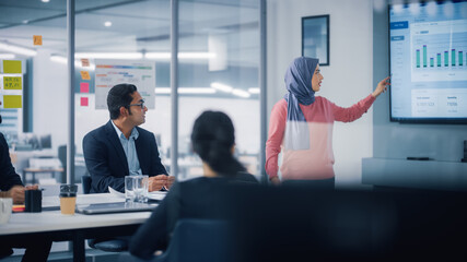 Multi-Ethnic Office Conference Room. Brilliant Muslim Female CEO Wearing Hijab does Presentation...