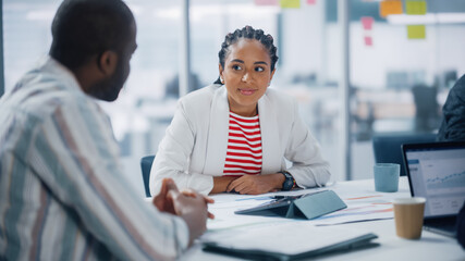 In Diverse Modern Office: Business Meeting of Black Businessman and Businesswoman, Talk, Find...