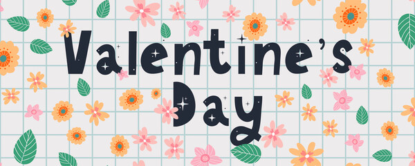 Happy Valentine's Day Banner Background with realistic 3d flower metal rose, pink and gold color, Glitter golden confetti. Pattern of flower buds. Horizontal banner, poster, header for website. Vector