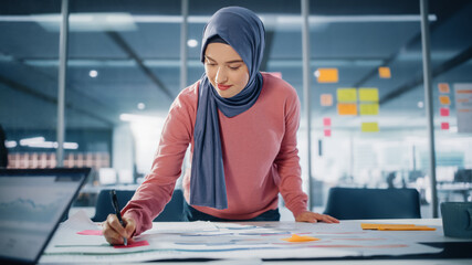 Modern Office: Motivated Muslim Businesswoman Wearing Hijab Works on Engineering Project, Does...