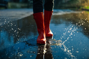 Fototapeta Woman with red rubber boots walking in puddle, closeup. Rainy weather obraz