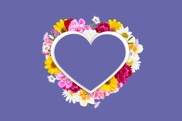 Heart with flowers on a very peri background. Valentine's Day. Mother's Day. Color of the year